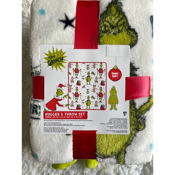 Dr. Seuss The Grinch Throw with Character Christmas Pillow Plush Set NEW Green - Picture 7 of 10